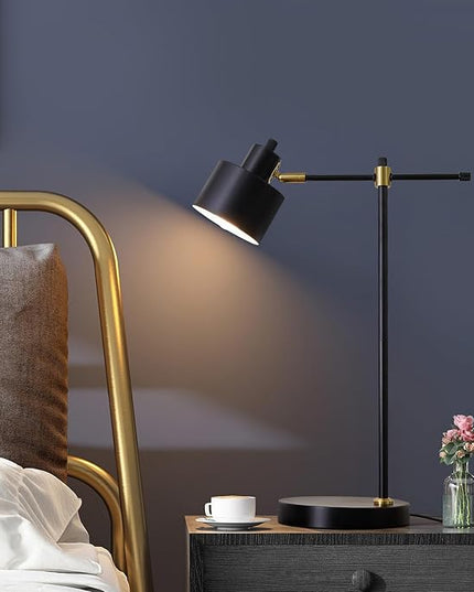 OYEARS Modern Industrial Desk Lamp for Reading LED 22.2“ Metal Table Lamp Light for Office Bedroom Study Room Living Room Nightstand Bedside Lamps Gold and Matte Black Accent (Black, Bulb Included)