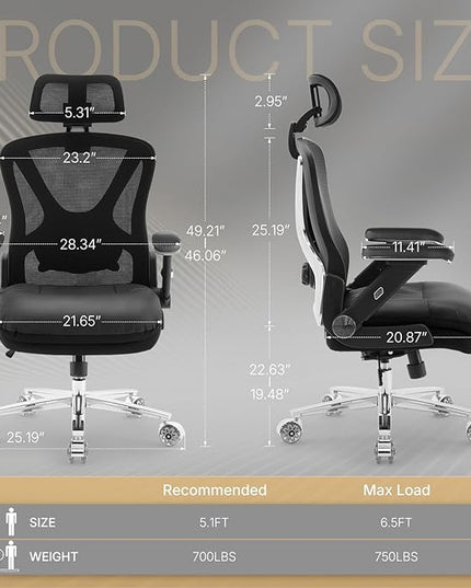 750lbs Big and Tall Office Chair,Heavy Duty Office Chair with 5D Flip Arms and Adjustable Lumbar Support, Ergonomic Mesh High Back Desk Chair, Ergonomic Executive Home Office Computer Chair