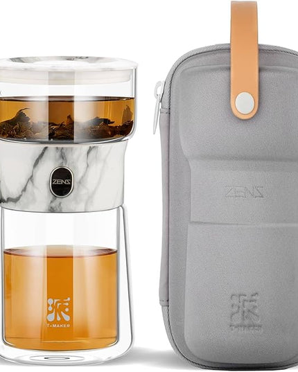 ZENS Modern Small Glass Infuser Teapot, Magic One Touch Drip Tea Pot Infusers for Loose Tea Diffuser, Cool Herbal Teapot with 200ml insulated Cup and Portable Gray Tea Kits for Tea Lovers Gifts