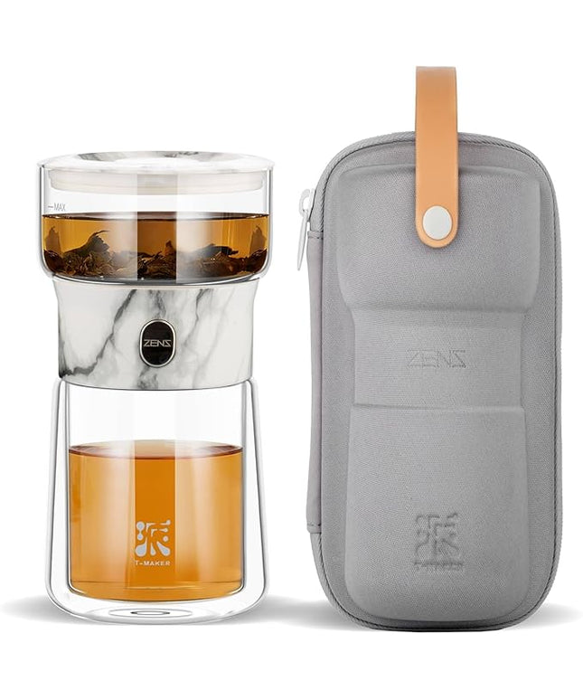 ZENS Modern Small Glass Infuser Teapot, Magic One Touch Drip Tea Pot Infusers for Loose Tea Diffuser, Cool Herbal Teapot with 200ml insulated Cup and Portable Gray Tea Kits for Tea Lovers Gifts