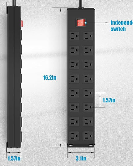 HHSOET Metal 16 Outlet Mountable Power Strip, Wall Mount Garage Workbench Socket, Gaming Table Surge Protector with 6 FT Power Cord.(Black)