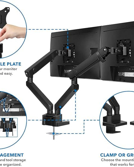 Mount-It! Dual Monitor Arm Mount Desk Stand | Premium Quality | Articulating Mechanical Spring Height Adjustable | Fits Two 24 27 29 30 32 Inch VESA 75 100 Compatible Screens | C-Clamp and Grommet