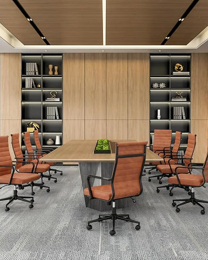 Okeysen Leather Office Desk Chair, Mid-Century Modern Leather Conference Room Chairs, Ergonomic Executive Ribbed Height Adjustable Swivel Rolling Chair for Home Office.