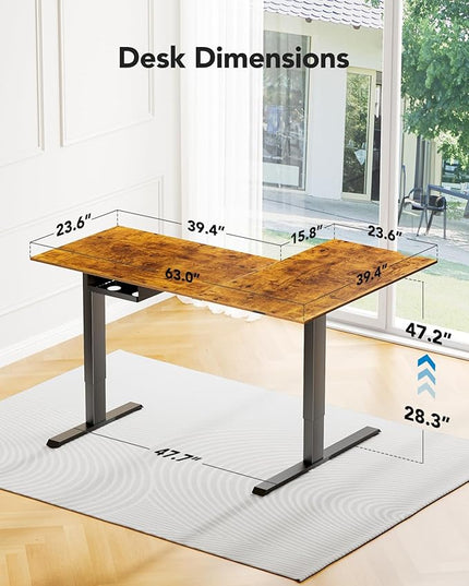 HUANUO 63x40 inch Dual Motor L Shaped Electric Standing Desk with 3 Preset Heights, Electric Height Adjustable Computer Table, 2 Hooks & Cable Tray, Raising Desk for Home Office, Vintage Brown