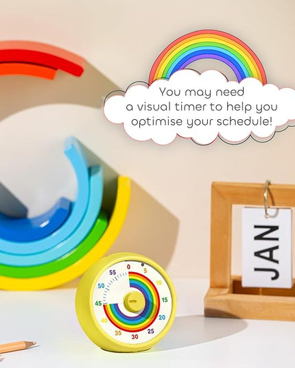 Visual Timer for Kids, 60-Minute Countdown Timer for Classroom Office Kitchen, Desk Timer Kids Time Management Tools with Silent Operation, Pomodoro Time Rainbow Pattern (Yellow)