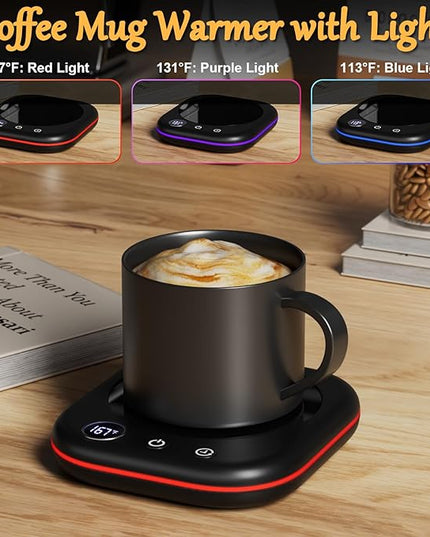 Mug Warmer Upgraded,Coffee Mug Warmer for Desk LEDs Light 3 Temp Settings (113-167°F) 1-12H Timer 4 H Auto Shut Off Beverage Cup Candle Warmer for Coffee Tea Milk(Black)