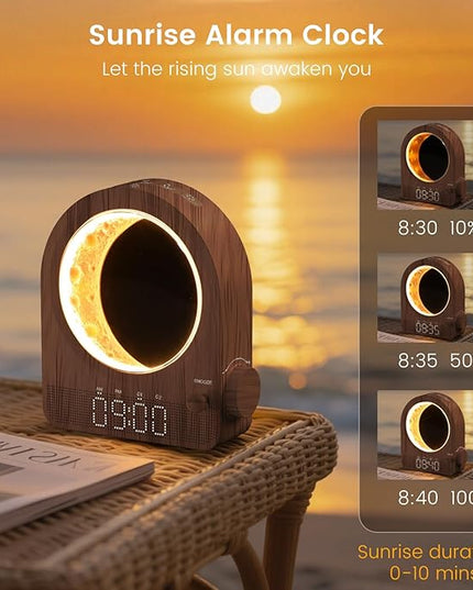 Sunrise Alarm Clock, White Noise Machine & Meteor Moonlight - 10 Soothing Sounds, Dual Alarms, 30/60/90min Timer, Easy Snooze - Bedroom Gift for Insomnia Adults/Women - Walnut