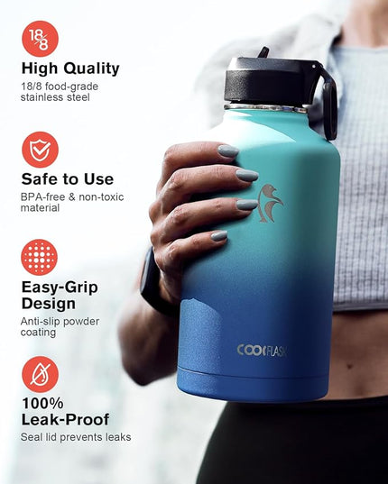 Insulated Water Bottle 64 oz with Straw & 3 Lids, Coolflask Half Gallon Water Jug Large Metal Stainless Steel Wide Mouth for Sports, Gym or Office, Non-BPA Keep Cold 48H Hot 24H, Pacific Prince