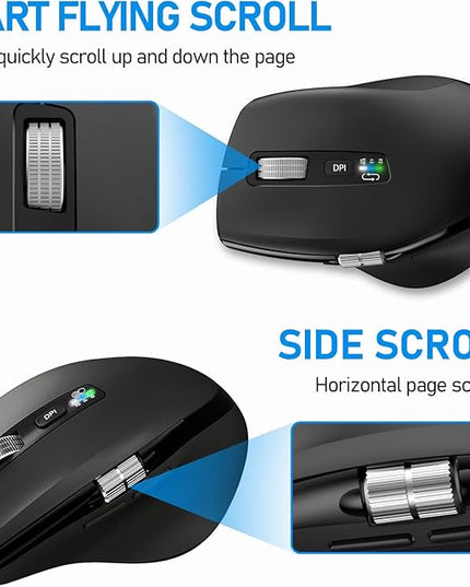 INFINMIND Wireless Bluetooth Side Scroll Mouse with Multi-Device, Ergonomic Computer Mice with Smart Flying Scroll, Quiet Click for Computer, Laptop, iPad, Tablet, MacBook (Black)