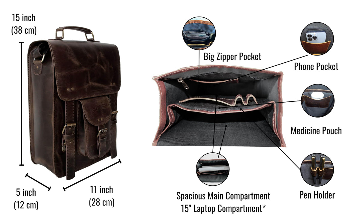 jaald 15" Top-Grain Buffalo Leather Messenger Bag – Vegetable-Tanned Vintage Laptop Satchel, Fits up to 15.6" Laptops, Handmade Crossbody Briefcase Shoulder Bag for Men, Dark Brown
