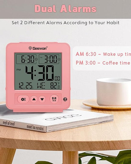Geevon Smart Night Light Small Digital Alarm Clock with 2 Increasing Beep Alarm, Indoor Temperature, Battery Operated Travel Clock for Bedroom, Bedside, Desk(Pink)