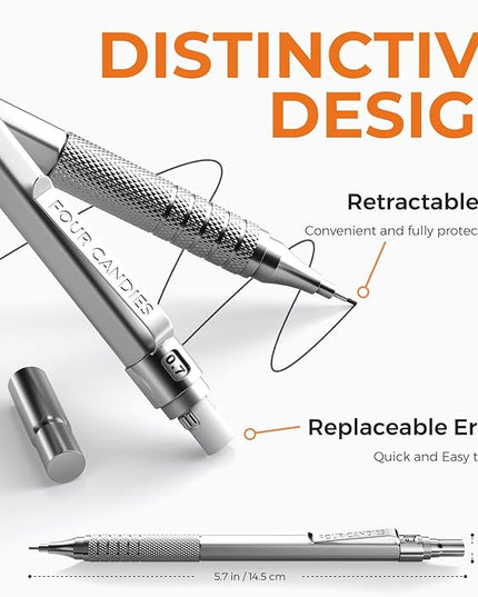 Four Candies 2PCS Metal Mechanical Pencils Set with Case, 0.5mm & 0.7 mm Artist Pencil with 6 Tubes (360PCS) HB Lead Refills, 3 Erasers,9 Eraser Refills For Writing Drafting, Drawing, Silver