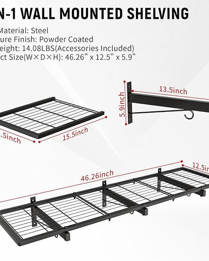 2 Pack Garage Wall Shelves, 46"X 12.5" Garage Shelving Wall Mounted, Heavy Duty Shelf Organizer with 8 Hooks, Black Floating Storage Metal Rack 320 LBS Capacity for Laundry Room, Office, Basement