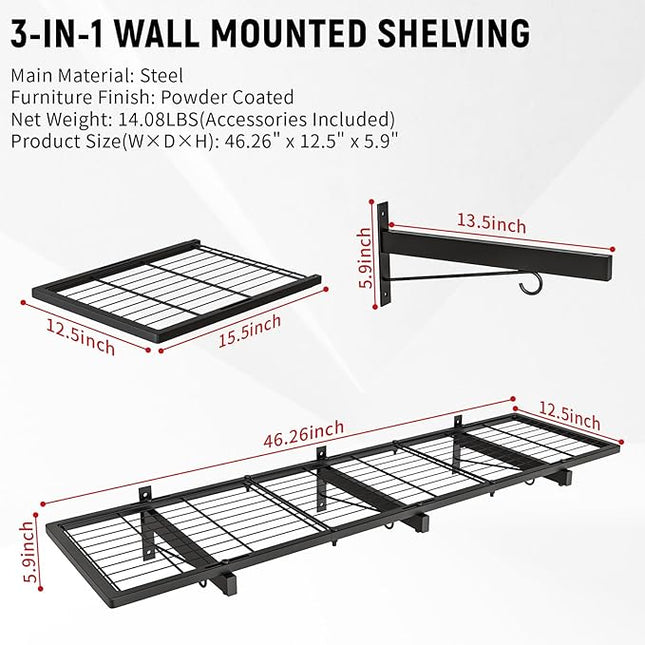 2 Pack Garage Wall Shelves, 46"X 12.5" Garage Shelving Wall Mounted, Heavy Duty Shelf Organizer with 8 Hooks, Black Floating Storage Metal Rack 320 LBS Capacity for Laundry Room, Office, Basement