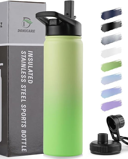 DOMICARE Insulated Water Bottle, 22 oz Vacuum Insulated Stainless Steel Reusable Sports Bottle with Straw Lid & Spout Lid for Travel, Camping, Bike, Leakproof, Green Gradient, 1 Pack