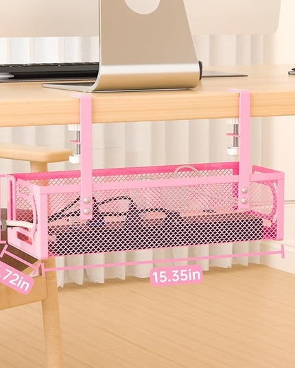 Under Desk Cable Management Tray, 15.7'' No Drill Steel Desk Cable Organizers, Wire Management Tray Cable Management Rack (1 Pack-Pink)