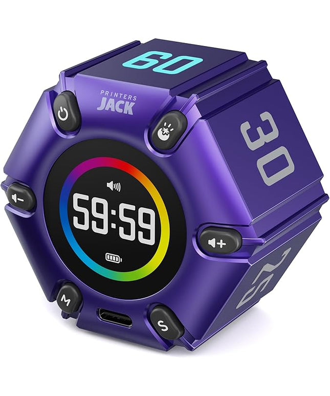 Printers Jack, Productivity Cube Timer, Visual Pomodoro Timer, Mute & Vibration & Adjustable Sound Alert, ADHD, for Office, Study, Work, 3/5/10/25/30/60min & Custom Countdown - Purple