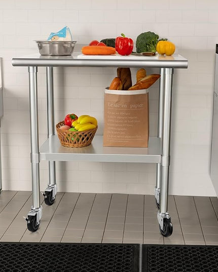 HARDURA Stainless Steel Table 24 x 30 Inches with Wheels Casters NSF Heavy Duty Commercial Prep Table with 2” Backsplash and Adjustable Undershelf for Restaurant Kitchen Home and Hotel