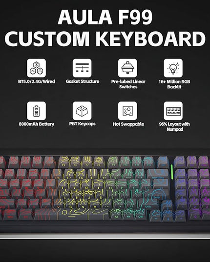 Aula F99 Keyboard Gaming Wireless Mechanical Keyboards Computer Bluetooth Creamy Keyboard Full Size Hot Swappable Custom RGB Backlit with 8000mAh Battery, Tri-Mode BT5.0/2.4GHz/USB-C (Gradient Grey)