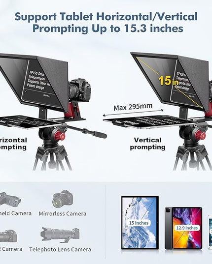 Desview TP150 teleprompter 15 inch High Display Mirror Aluminum Alloy Teleprompter with Remote Control Compatible with ipad DSLR Camcorders Easy Assembly with Carry Case for Video Making