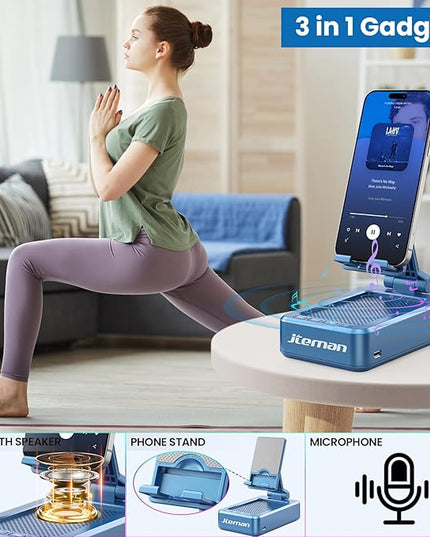 JTEMAN Phone Stand with Wireless Bluetooth Speaker, HD Surround Sound Bluetooth Speaker for Desk Perfect for Home Kitchen Gadgets Gifts,Compatible with iPhone/ipad/Samsung Galaxy(Blue)