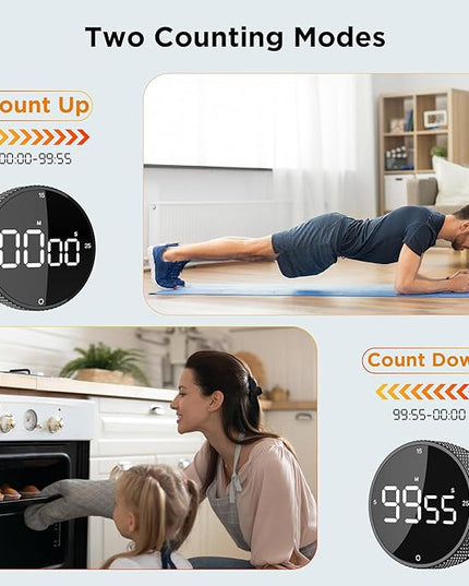 Upgrade Digital Kitchen Timer - Magnetic Countdown Countup Visual Pomodoro Timer with Large LED Display, 3-Preset Times (5, 15, 25), 3 Volume Levels, Ideal for Cooking, Baking and Fitness (1, Black)