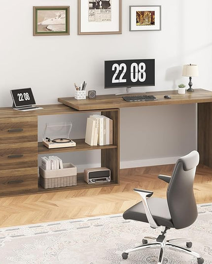 HSH 360 Rotating L Shaped Desk with Drawers, L Shape Computer Desk with Storage Cabinet Shelves, Rustic Home Office Desk for Executive Writing Study Work, Wood Table Swivel Desk, Rustic Oak, 55 Inch