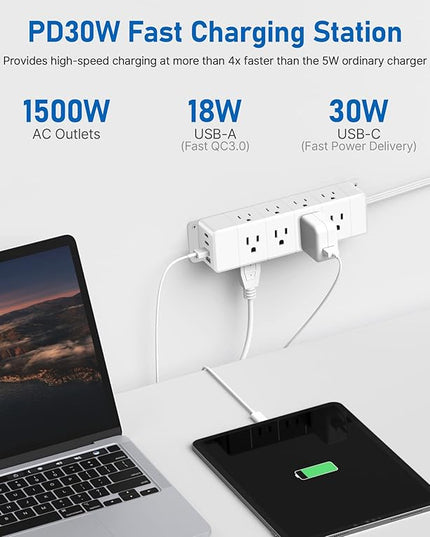 30W USB C Power Strip Surge Protector,4 Side 12 Outlets Desk Power Strip with Ultra Thin Flat Plug,PD Fast Charing,2 USB-C,2 USB-A(USB Total 40W),10ft Flat Extension Cord with Multiple Outlets,1200J