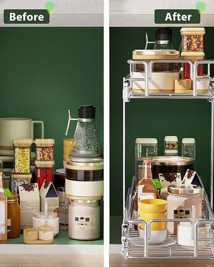 LOVMOR 2 Tier Individual Pull Out Cabinet Organizer 7½" W x 21½" D, Slide Out Kitchen Cabinet Storage Sliding Shelves