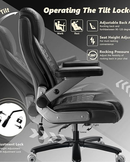 600LBS Large Heavy Duty Office Chair with 5D Flip Arms,Comfy Big and Tall Executive Office Desk Chair with Pocket Spring Cushion,High Back Computer Chair with Lumbar Support,Dual Rubber Wheel