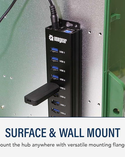 USBGear 10-Port USB 3.2 Gen 1 Mountable Charging and SuperSpeed Data Hub with 5V/4A Power Adapter and USB Type-A to Type-B Cable Up to 900mA per Port Charging Function Wall and Surface Mounting