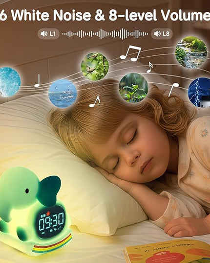 Alarm Clock for Kids with Night Light, Sleep Training Clock Time to Wake Clock, Rechargeable Silicone Light for Bedroom, Perfect Sleep Companion for Boys Girls, Green Elephant