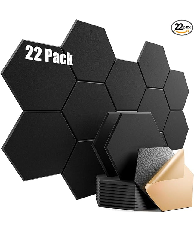 22 Pack Self-Adhesive Acoustic Panels 12" X 10" X 0.4" - Sound Proof Foam Panels with High Density, Hexagonal Design, Flame Resistant, Absorb Noise and Eliminate Echoes(Black)
