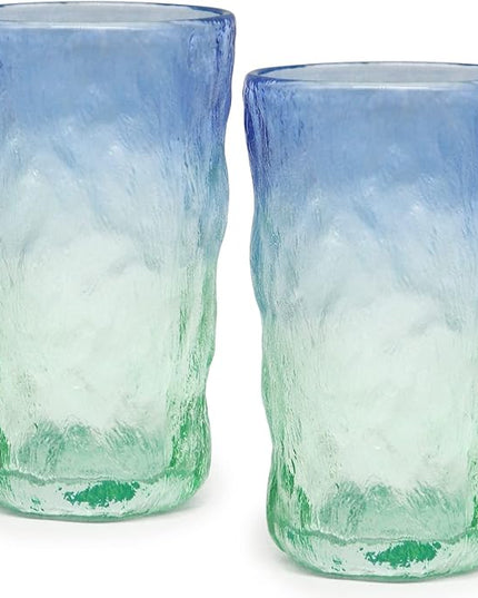 TOSSOW Drinking Glasses Set of 2,Mixed Drink Glassware Sets Glacier Pattern Colorful Glass Water Cups for Wine, Beer, Juice, Mojito and Cocktail(12 oz)