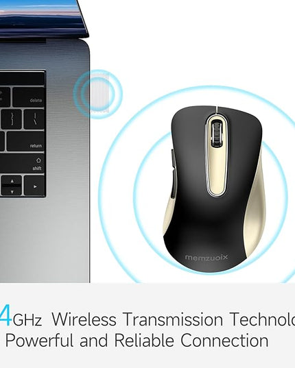 memzuoix 2.4G Wireless Mouse, 1400 DPI Computer Mice with USB Receiver, Portable Wireless USB Battery Powered Cordless Mouse for Laptop, PC, Desktop, 5 Buttons (Black Gold)