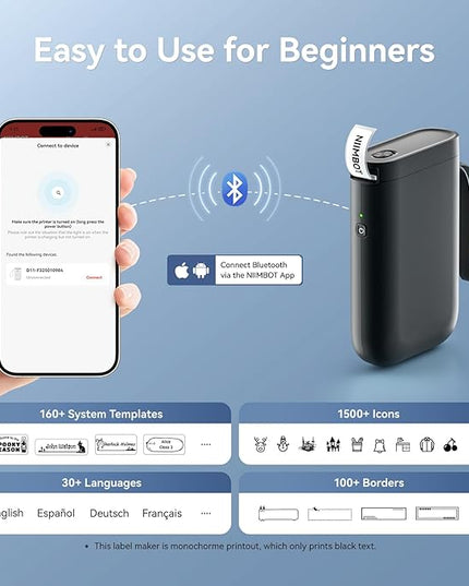 NIIMBOT Label Maker Machine D11 Label Printer Portable Wireless Connection Multiple Templates Available for Phone Easy to Use Office Home Organization USB Rechargeable