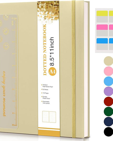 Dotted Notebook, Spiral Notebook Journal 8.5” x 11”, A4 Large Dot Grid Notebooks for Women Men, 100 GSM Dotted Paper, Plastic Hardcover Spiral Bullet Journals for Work School Sketching, Yellow