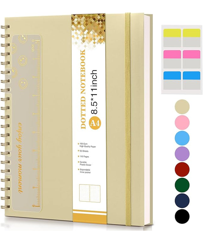 Dotted Notebook, Spiral Notebook Journal 8.5” x 11”, A4 Large Dot Grid Notebooks for Women Men, 100 GSM Dotted Paper, Plastic Hardcover Spiral Bullet Journals for Work School Sketching, Yellow