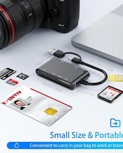 SIM Card Adapter, CAC Smart Card Reader Military, 6-in-1 USB C/USB A Multi-Card Adapter for SIM, CAC, ID, SD/TF, M2, Memory Stick – Compatible with Windows, Mac, Linux (USB A + USB C)