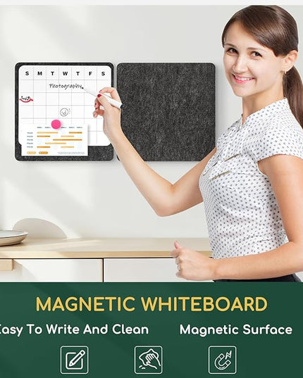 DOLLAR BOSS Felt Bulletin Board & Dry Erase Whiteboard Calendar Combo 2 Pcs 12" X 12" Magnetic White Board Cork Board for Wall Frameless Combination Board with Pins Wall Decor for Home School Office