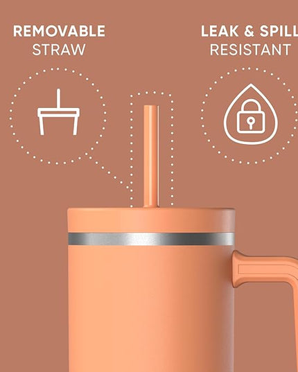 Hydrapeak Voyager 40 Oz Stainless Steel Tumbler with Handle, Insulated Water Bottle With Straw & Lid, Cupholder Friendly Reusable Travel Mug (Apricot Crush)