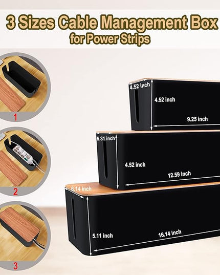 YUANYE Cable Management Box Cable Management Kit for Power Strip to Hide Wires,Cord Organizer Boxes,Safe ABS Material Wire Organizer of Cable Clips Sleeve for Home & Office,3Pack-128PCS /Black