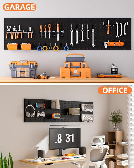 INCLY 4 Pack 12"x12" Black Metal Pegboard Panels, Heavy Duty Pegboard Wall Organizer with Frame, Black Peg Board for Walls, Garage, Workbench, Shed, Kitchen, Craft Room Tool Organization
