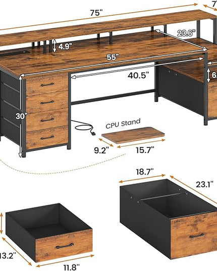 SEDETA Home Office Desk with File Drawer & Power Outlet, 75'' Large Computer Desk with 5 Drawer, Storage Shelves, Monitor Shelf and Led Lights, 23.6" W Desktop Gaming Desk, Rustic Brown