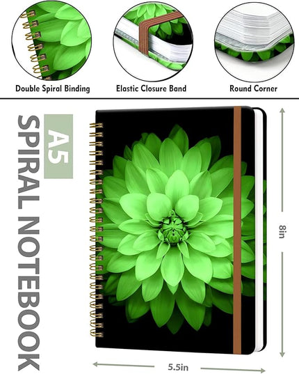 Spiral Journal Notebook for Women, Hardcover A5 College Ruled Notebook, 120 Pages, Thick Paper, Cute Lined Journal for School, Office & Work, 6 x 8.4 in(Watercolor Green Flower)