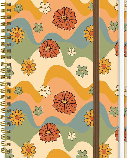 Spiral Journal Notebook, A5 Cute Notebooks for Women Men, College Ruled Hardcover Notebook for Work & Note Taking, 60 Pages Double-Wire Journals for Writing, Retro Boho Flowers