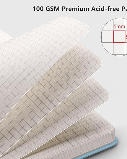 RETTACY Graph Grid Paper Notebook, 192 Pages, A5 Medium Size (5.7'' x 8.3''), 5 Squares per Inch, Leather Hardcover, 100 GSM Thick Paper, for School, Students, Math, Engineering (Light Blue)