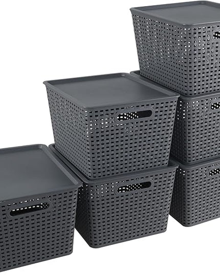 Xyskin 6 Packs Storage Bins with Lids, Plastic Storage Containers with Lids, Stackable Storage Box Baskets for Organizing Desktop Closet Playroom Classroom Office, Gray