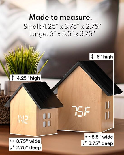 Driini Digital House-Shaped Alarm Clock with Temperature Display (Light Wood) – Modern Aesthetic - Cute Cube Frame and White LED Dimmer - Perfect Large Desk Clock for Bedside Table or Bedroom Mantle