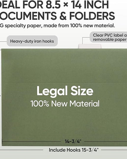 BALEINE 32PK Hanging File Folders, Legal Size Hanging Folders with 1/5-Cut Tabs for Filing Cabinets, File Boxes (32PK, Legal Size)